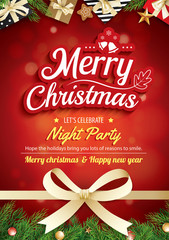 Wall Mural - merry christmas greeting card and party on red background invitation theme concept. happy holiday de
