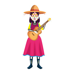 Wall Mural - mexica woman with catrina costume and guitar