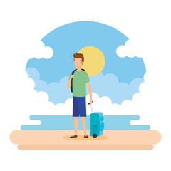 Sticker - young man with suitcase on the beach