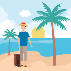 Sticker - young man with suitcase on the beach