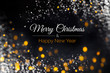 Merry Christmas and Happy New Year card with text, yellow and white lights soft focus on black background. Postcard, congratulations concept, layout design