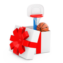 Poster - Basketball Ball and Children Toy Basketball Ring with Net Come Out of the Gift Box with Red Ribbon. 3d Rendering