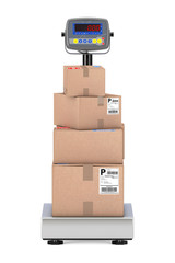 Poster - Stacked Cardboard Boxes Parcels over Warehouse Digital Cargo Scales. 3d Rendering