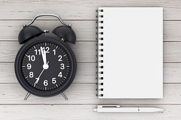 Poster - Black Alarm Clock with Pen and Blank Notepad for Your Design. 3d Rendering
