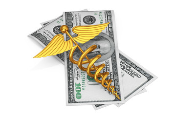 Poster - Gold Medical Caduceus Symbol over USA Dollars Bills. 3d Rendering