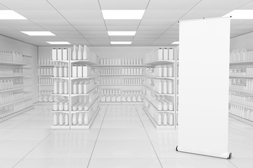 Poster - Blank Advertising Banner Stand near Market Shelving Rack with Blank Products or Goods in Clay Style as Supermarket Interior. 3d Rendering