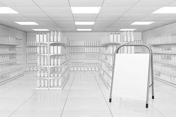 Poster - Blank Advertising Stand near Market Shelving Rack with Blank Products or Goods in Clay Style as Supermarket Interior. 3d Rendering
