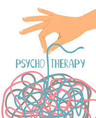 Psychotherapy poster, human hand untangling thread, vector illustration