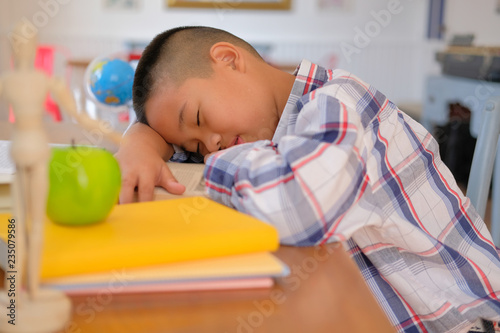 Lazy Stressed Young Little Asian Kid Boy Resting Sleeping On Desk