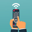 Remote control holding in hand. Press remote button. Vector illustration flat design. Isolated on white background. Watching tv. Click button.