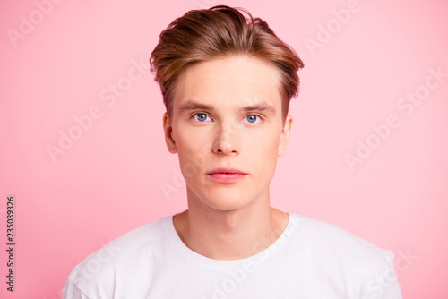 Close Up Portrait Of Brunet Hair Man Isolated On Pastel Pink Wal