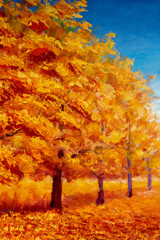 Wall Mural - Autumn textural landscape oil painting - autumn trees, autumn park on a blue autumn background