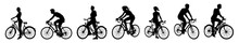 A Set Of Bicycle Cyclists Riding Their Bikes In Silhouette 