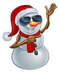 Wall Mural - A cool snowman Christmas character wearing a Santa hat and sunglasses or shades pointing his finger at something