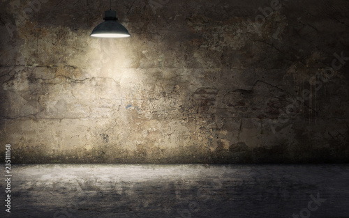 Dark Empty Room With Old Damaged Concrete Wall And Ceiling Lamp