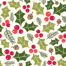 Seamless Vector Pattern With Holly Berries And Pinecones. Great For Wrapping Paper, Wallpaper, Web Page Background, Fabric, Scrapbooking.