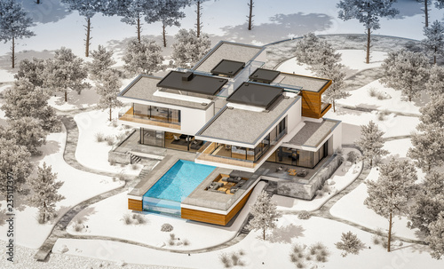 3d Rendering Of Modern Cozy House By The River With Garage Cool