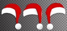 Christmas Santa Claus Red Hats Isolated On Transparent Background. Vector Illustration