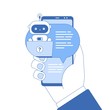 © Алексей Боев - Chatbot line icon in trendy flat design. Man chatting with сhatbot in his smartphone. Hand holds mobile phone with messenger where robot talk with user. Vector blue illustration in outline style.