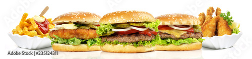 Fotomural Hamburger mit Pommes Frites und Chicken Nuggets - Panorama