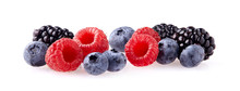 Fresh Ripe Berry In Closeup. Raspberry, Blueberry, Blackberry On White Background.