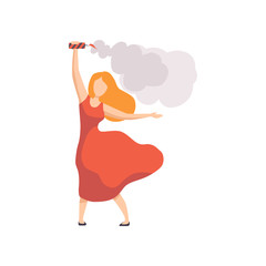 Wall Mural - Girl holding a steaming firework rocket over her head, people celebrating holiday vector Illustration on a white background