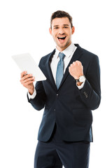 Wall Mural - adult happy businessman holding digital tablet and rejoicing isolated on white