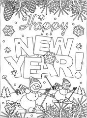 Coloring page with Happy New Year greeting, outdoor winter scene and two sporty skiing snowmen
