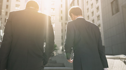 two businessmen discussing contract, approaching office center, mutual interest