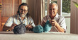 Retired men doing pastime at home knitting