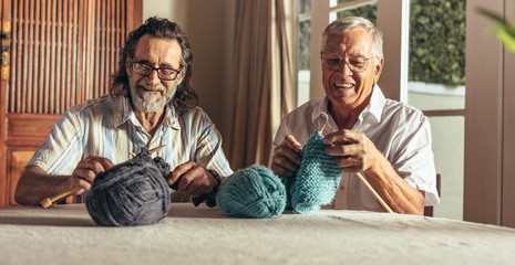 Wall Mural - Retired men doing pastime at home knitting