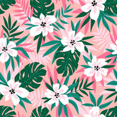 Hawaiian seamless pattern with pink flowers and green leaves. Stylish floral endless print for summer fabric design. Vector illustration.