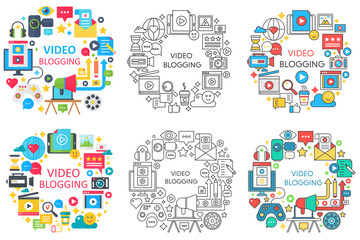 Aufkleber - Online video blog design lie, flat, flat line round concepts set with media blogger icons isolated.