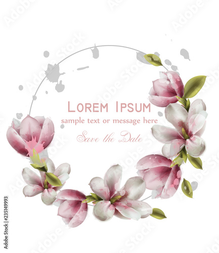 Magnolia beautiful wreath card Vector watercolor. Round beauty decor