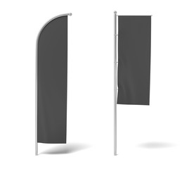 Fototapete - 3d rendering of two monochrome black flags hanging on posts on a white background.