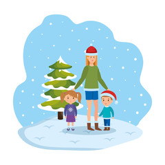 Wall Mural - mother and kids in snowscape