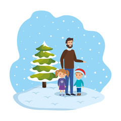 Wall Mural - father and kids in snowscape