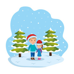 Wall Mural - little kids with winter clothes in snowscape