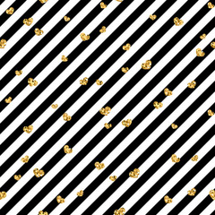 Wall Mural - gold heart seamless pattern. black-white geometric stripes, golden confetti-hearts. symbol of love, 