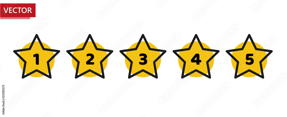 Star rating minimal design black and yellow. 5 star rate icon. Feedback concept. Evaluation system. Positive review. Vector illustration flat style. Isolated on white background.