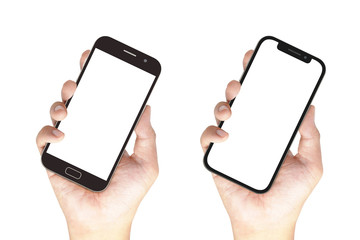 Wall Mural - hand holding black smartphone with blank screen, isolated on whi