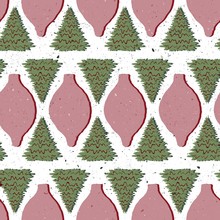 Seamless Vector Textured Woodland Christmas Tree Geometric Ornament Shadow In Pink, White,   Green