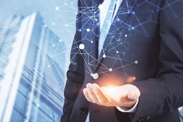 Poster - Businessman showing network in city