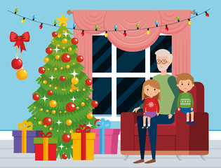 Wall Mural - family in livingroom with christmas decoration