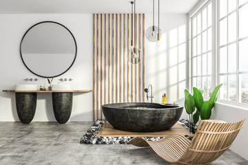 White loft bathroom interior, armchair