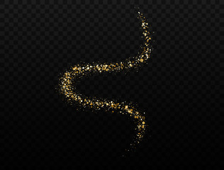 Glitter golden spiral. Gold glitter wave. Sparkling shine trail. Magic star dust. Bright twirl with shiny confetti on transparent background. Light twist trail. Premium luxury cosmetic backdrop