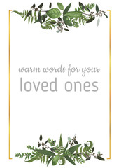 Decorative golden rectangular frame with eucalyptus, fern and boxwood branches isolated on white. For wedding invitations, vignettes, postcards, posters, documents