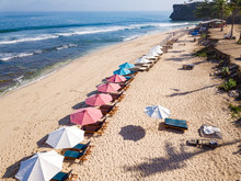 Indonesia, Bali, Aerial View Of Balangan Beach, Sun Loungers And Beach Umbrellas