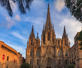 Wall Mural - View of the gothic Cathedral of the Holy Cross and Saint Eulalia, or Barcelona Cathedral, seat of the Archbishop of Barcelona, Spain at sunset