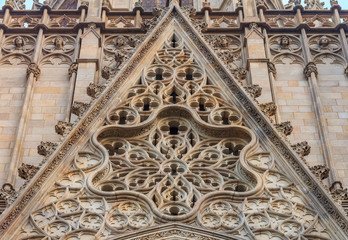 gothic detail of the facade and tracery of cathedral of the holy cross and saint eulalia, or barcelo